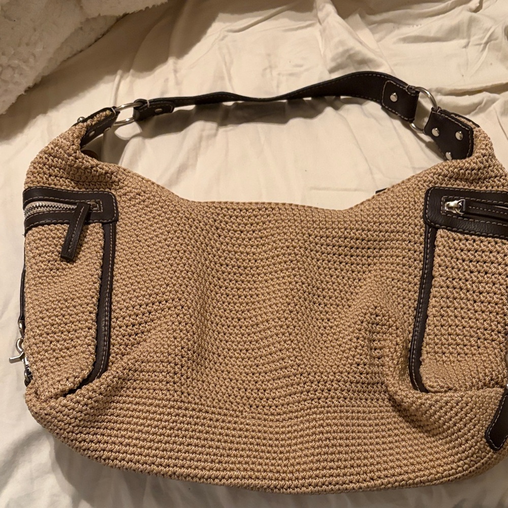 The Sak Beige Crochet Hobo with Dark Brown Trim